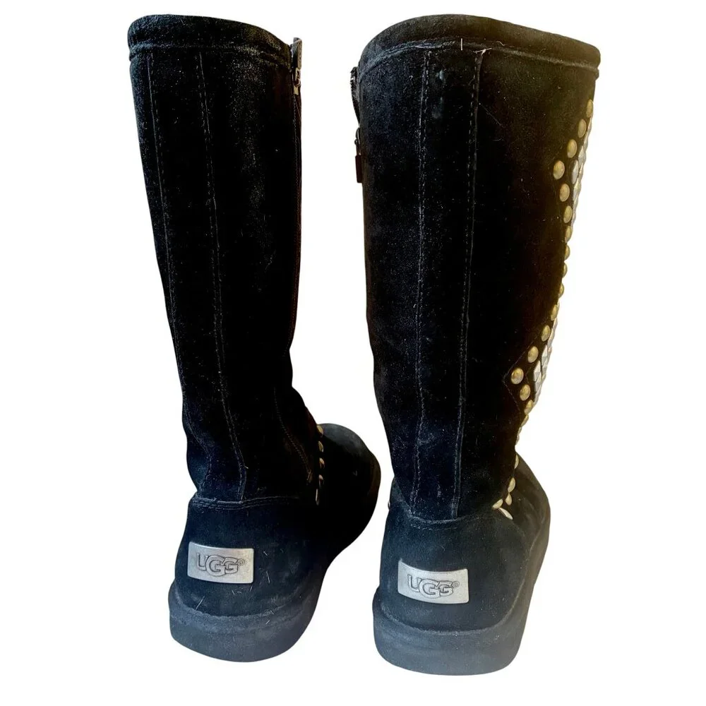 UGG Australia Avondale Black Suede Shearling Tall Boots Studs Side Zip Womens 10